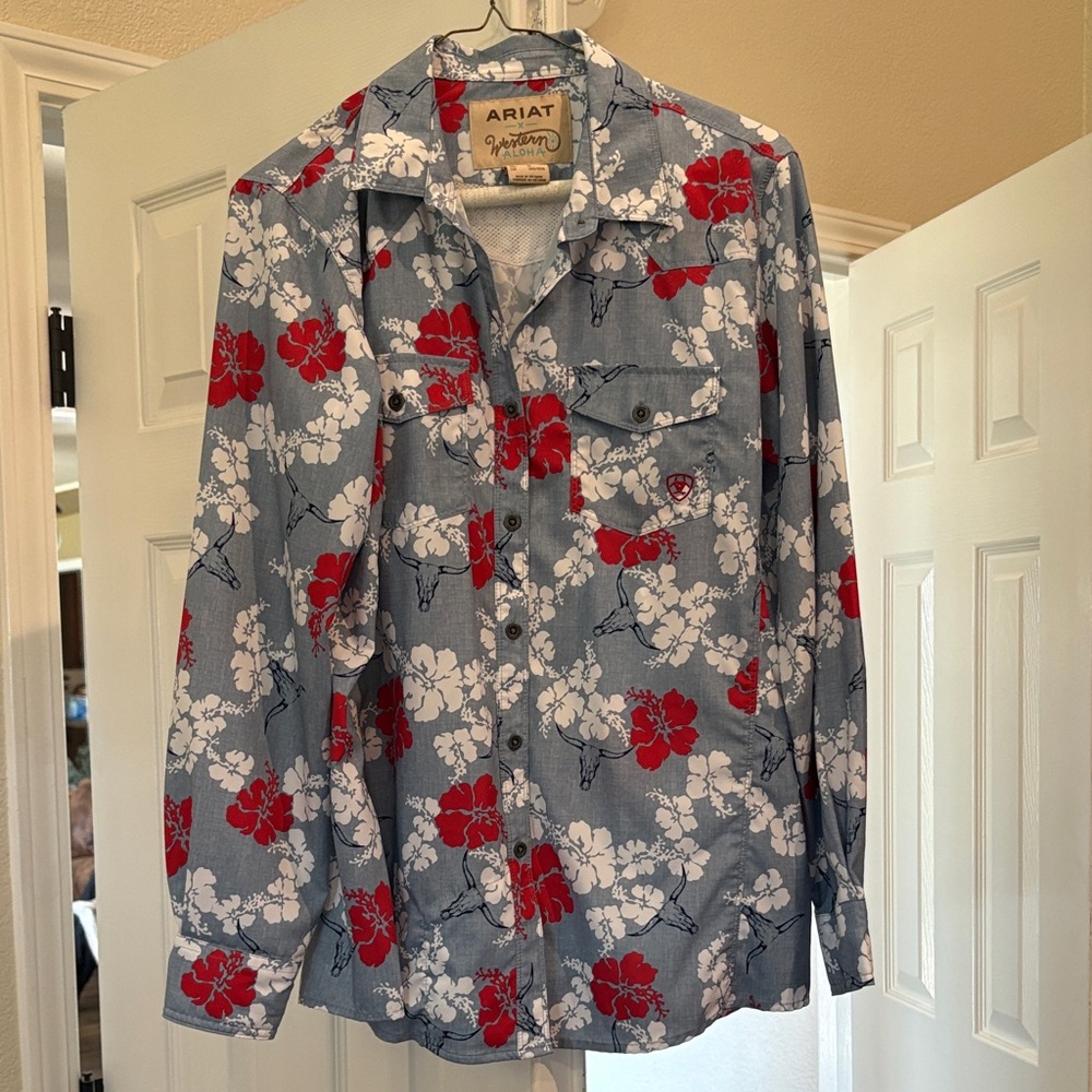 Ariat western aloha women’s Casual Blue Shirt with Red and White Floral Design